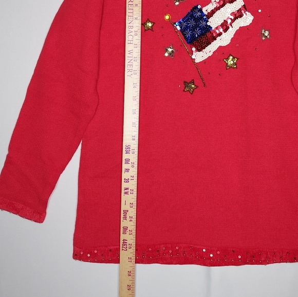 The Quacker Factory Sweater Small Red Patriotic USA Sequin Flag V-Neck Stars - Picture 9 of 11